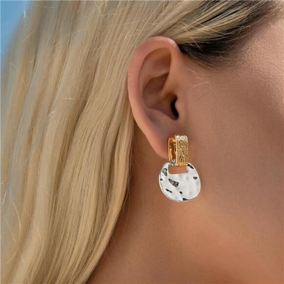 🌿 Two-Tone Hammered Drop Earrings | Elegant Brass Dangle Jewelry 🌿 - Picture 3 of 5